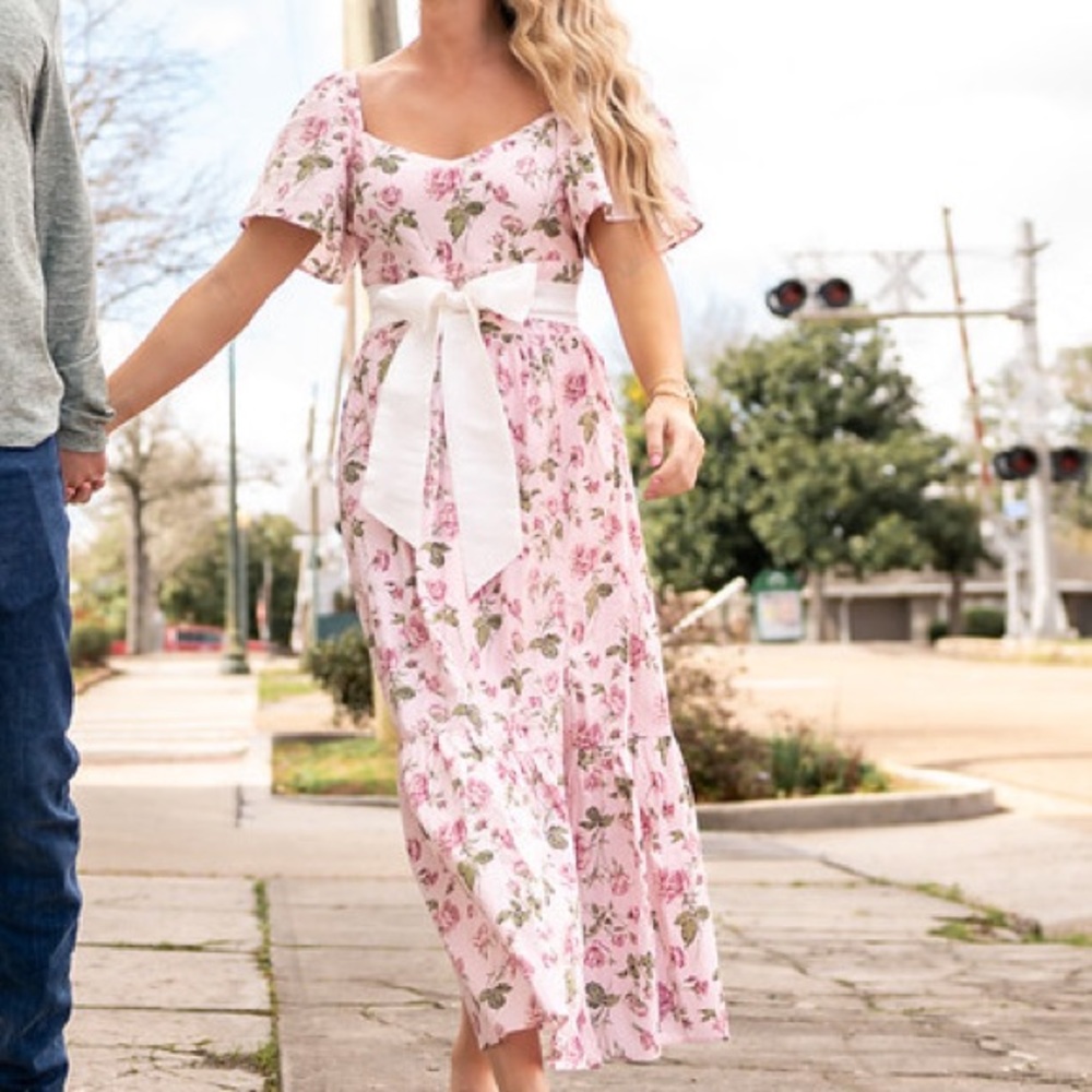 Pink and green floral midi dress with bow size small